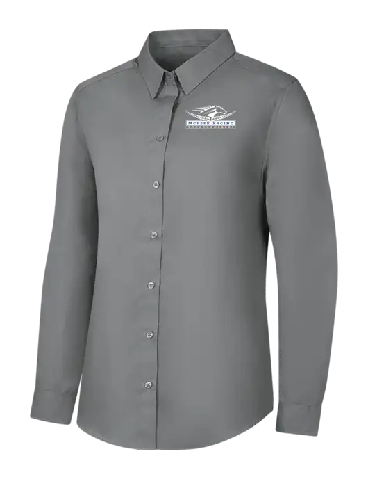Womens Medium Grey Long Sleeve Carefree Poplin Shirt w/McPeek Racing Logo
