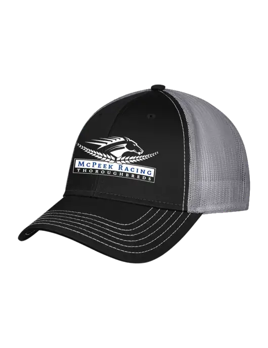 Black/Medium Dark Grey Mesh Trucker Cap Snap Back w/McPeek Racing Logo