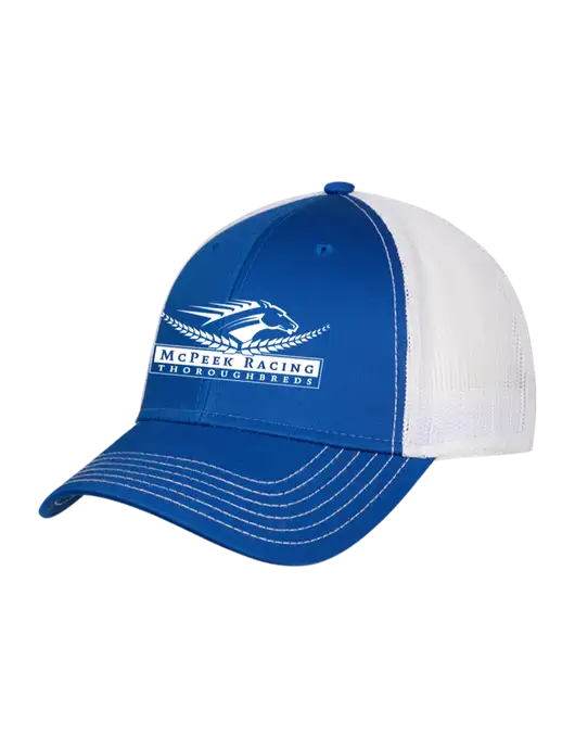 Royal & White Mesh Trucker Cap Snap Back w/McPeek Racing Logo