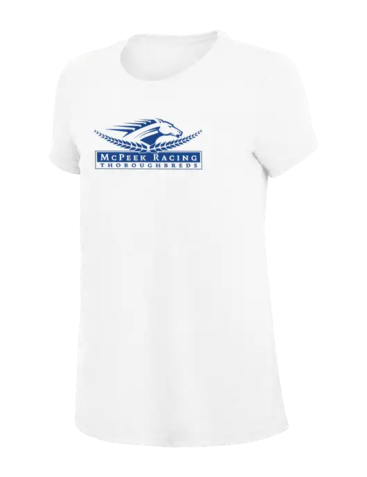 Womens Simply Soft White 4.5oz Poly/Combed Ring Spun Cotton T-Shirt
 w/McPeek Racing Logo