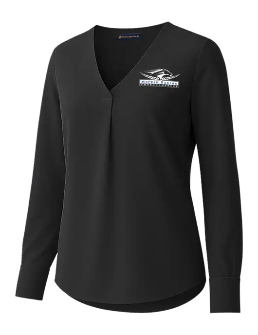 Brooks Brothers Womens Black Open-Neck Satin Blouse  w/McPeek Racing Logo