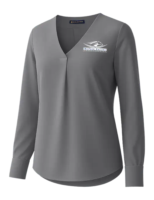Brooks Brothers Womens Medium Grey Open-Neck Satin Blouse  w/McPeek Racing Logo