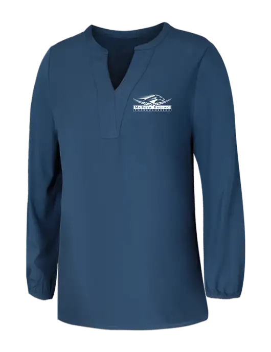 Mercer+Mettle Womens Light Navy Blue Grey Stretch Crepe 3/4 Sleeve Blouse w/McPeek Racing Logo