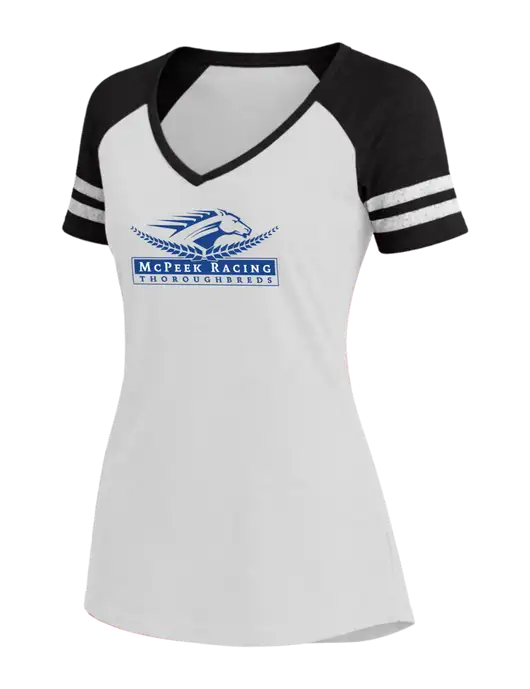 Womens White/Black V-Neck Game Tee w/McPeek Racing Logo