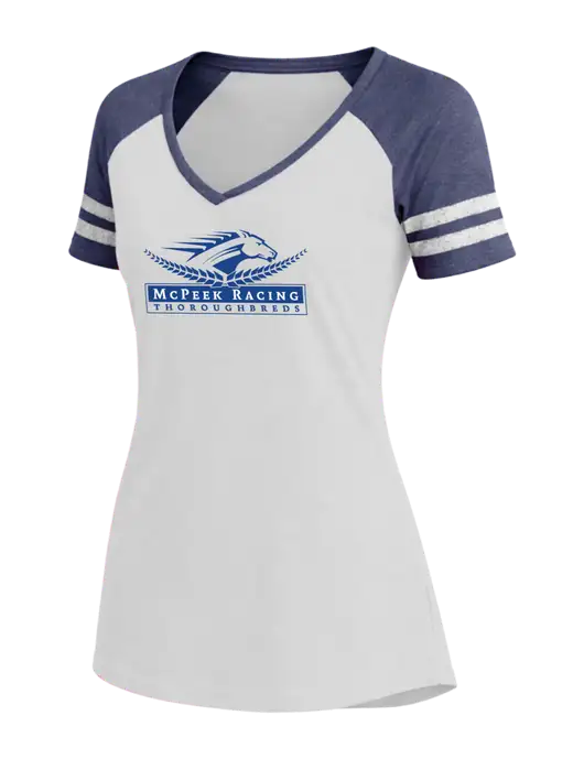 Womens White/Navy Heather V-Neck Game Tee w/McPeek Racing Logo