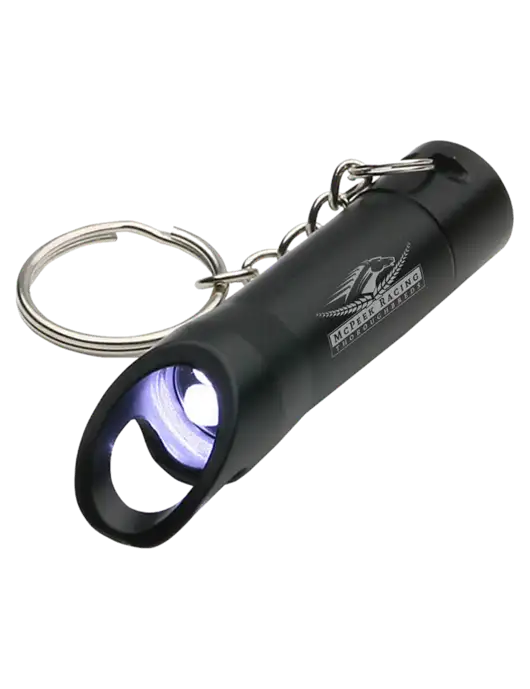Black Pocket LED Flashlight with Bottle Opener & Keychain w/McPeek Racing Logo
