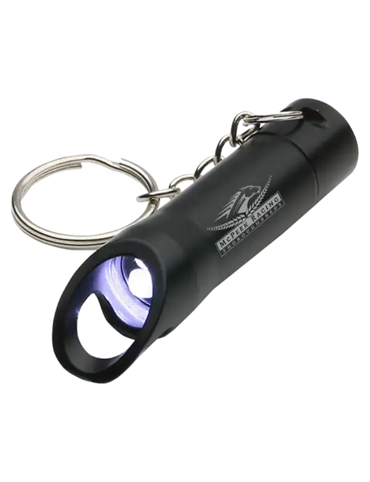 Black Pocket LED Flashlight with Bottle Opener & Keychain w/McPeek Racing Logo
