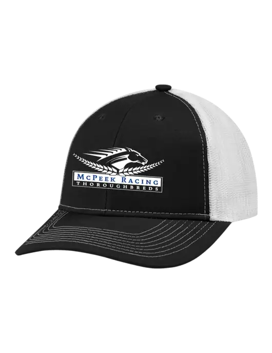Snapback Ponytail Trucker Cap Black w/White Mesh w/McPeek Racing Logo