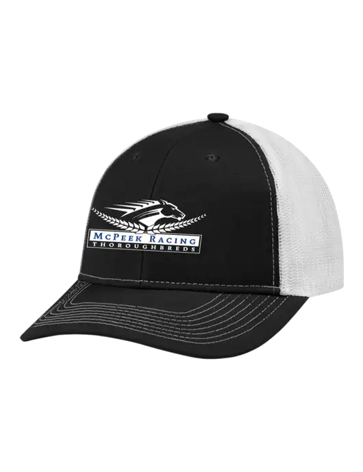 Snapback Ponytail Trucker Cap Black w/White Mesh w/McPeek Racing Logo