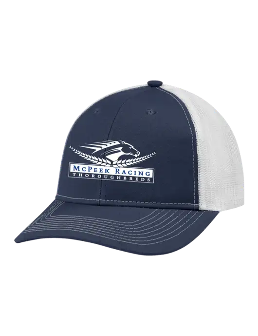 Snapback Ponytail Trucker Cap Navy w/White Mesh w/McPeek Racing Logo