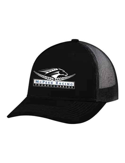 Snapback Ponytail Trucker Cap Black w/Black Mesh w/McPeek Racing Logo