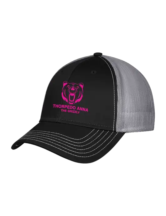 Black/Medium Dark Grey Mesh Trucker Cap Snap Back w/Thorpedo Anna Logo